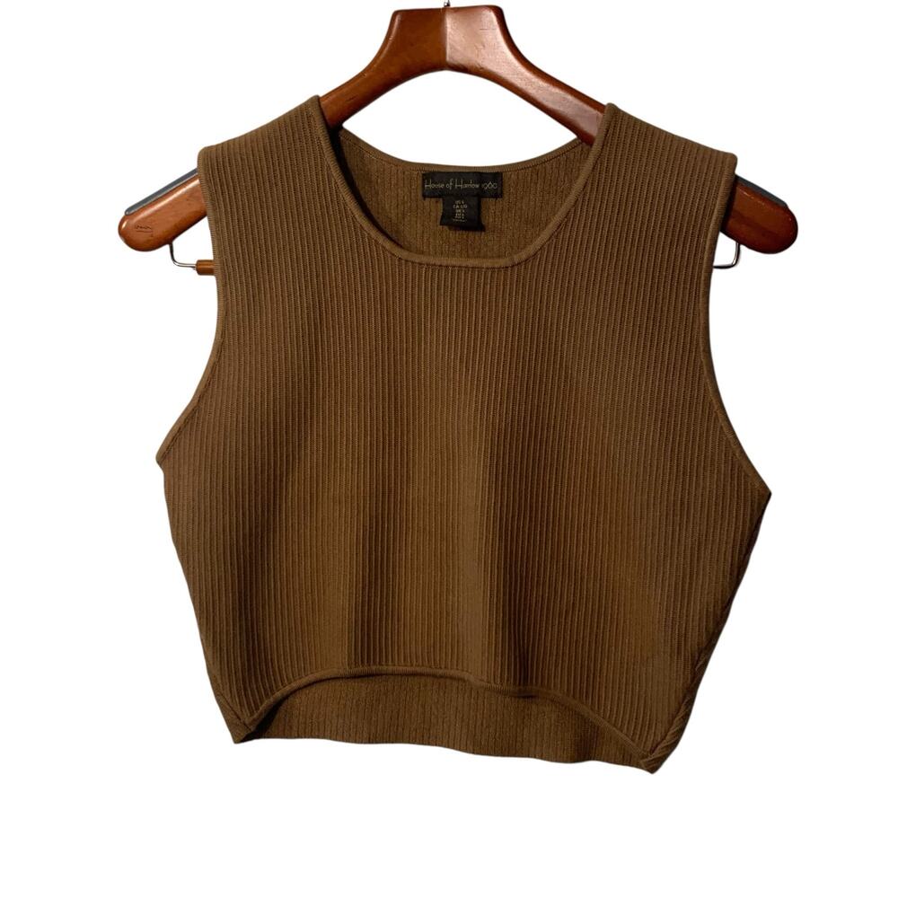 House of Harlow 1960 Sculpt Ribbed Crop Top Tank Green Large Luxe Essentials